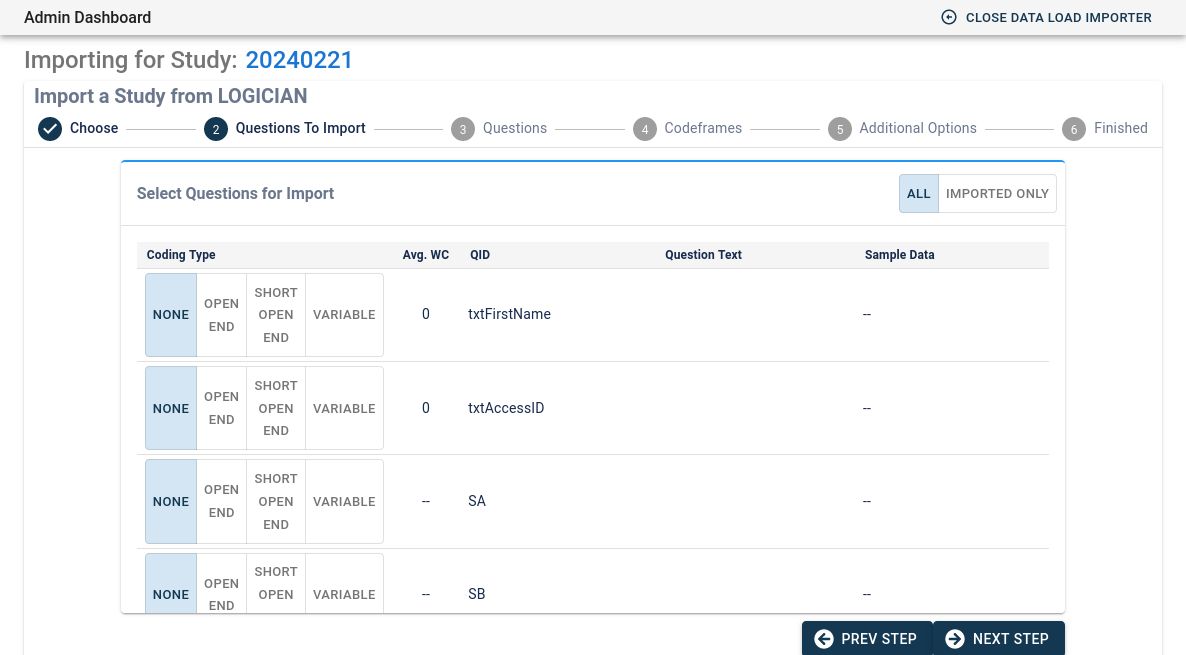 Choose questions to import