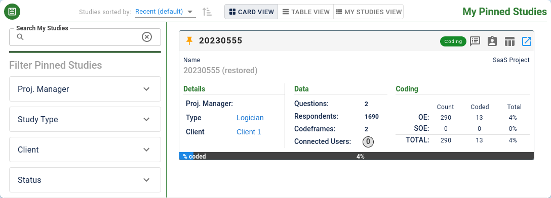 Dashboard Pinned Studies
