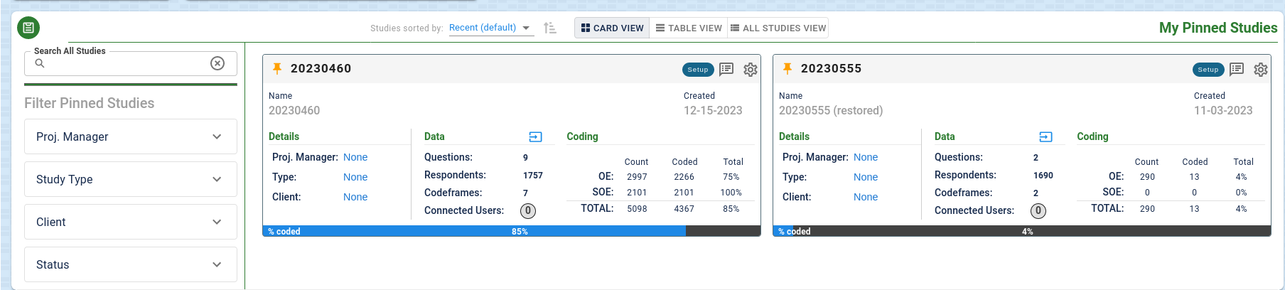 Dashboard Pinned Studies